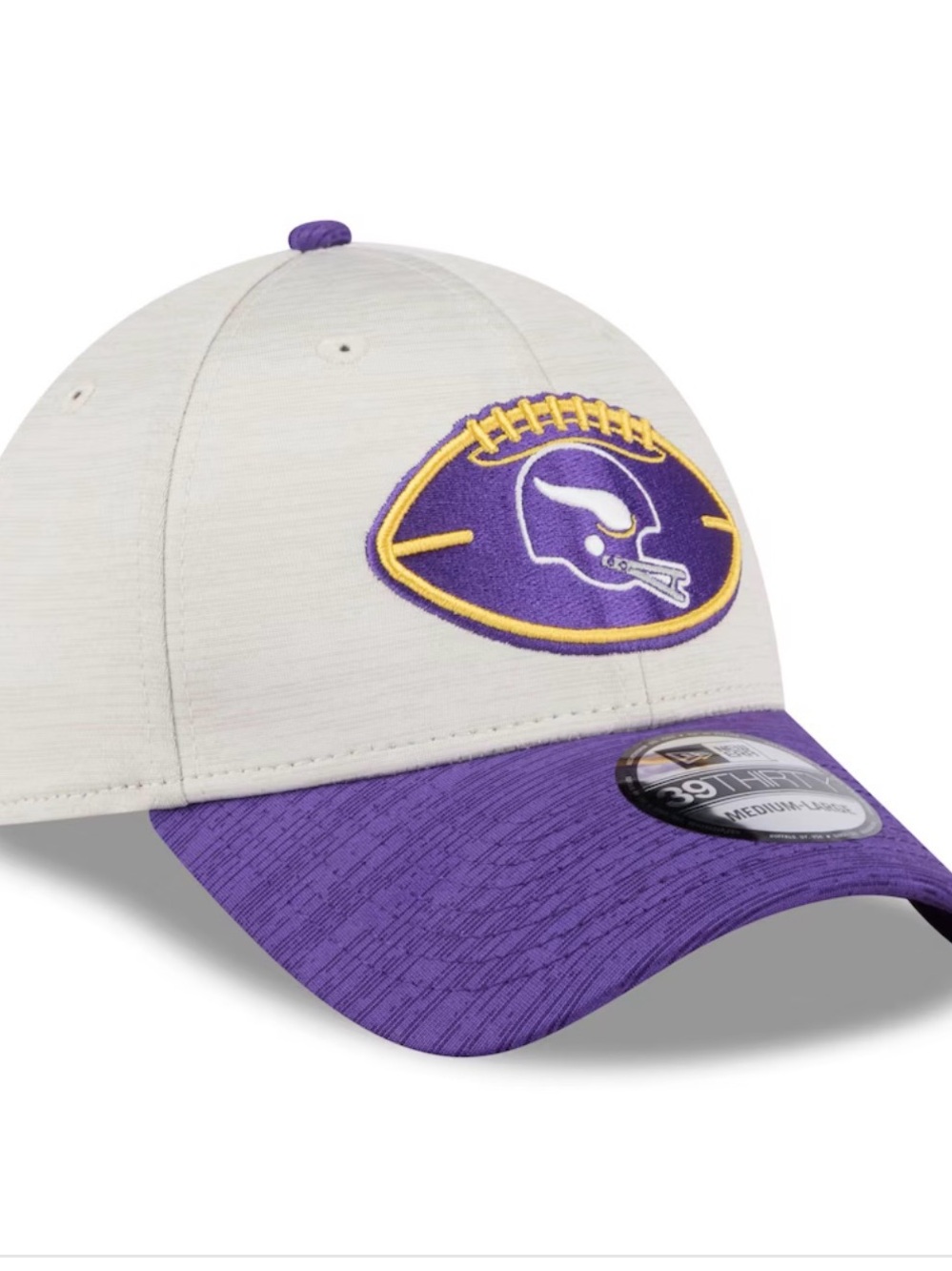 New Era White and Purple NFL Vikings 2024 Sideline Logo 39THIRTY Stretch Fit Hat